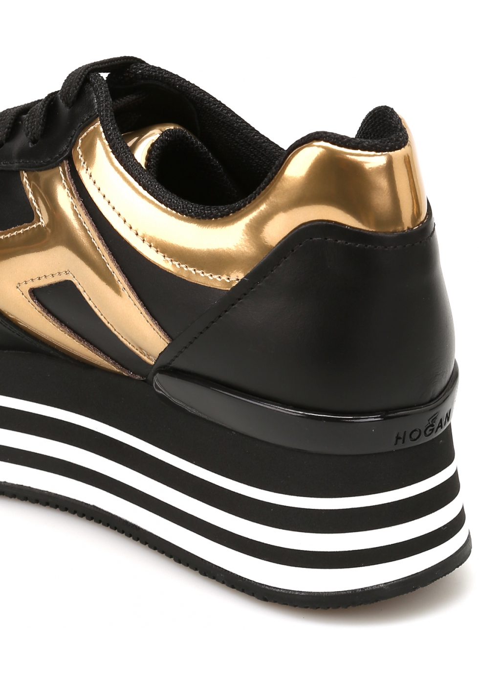 Hogan Women's wedges sneakers shoes in black leather with metallic gold