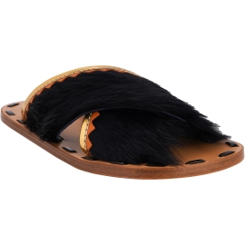 Marni Women's flat sandals in tan leather and black fur with gold and orange details