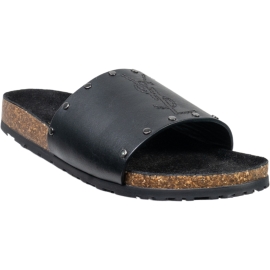 Saint Laurent Women's slip-on flat sandals in black leather with branding embroidered on the band