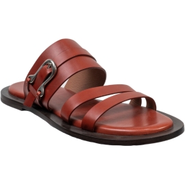 Sartore Women's slip-on flat sandals with terracotta colored leather bands with silver buckle