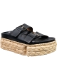 Clergerie Women's raffia wedge slip-on sandals in black leather with buckles