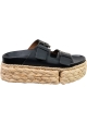 Clergerie Women's raffia wedge slip-on sandals in black leather with buckles