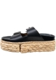 Clergerie Women's raffia wedge slip-on sandals in black leather with buckles