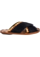 Marni Women's flat sandals in tan leather and black fur with gold and orange details