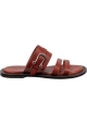 Sartore Women's slip-on flat sandals with terracotta colored leather bands with silver buckle