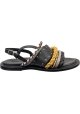 Sartore Women's flat sandals in black leather and multicolor braided rope with buckle closure